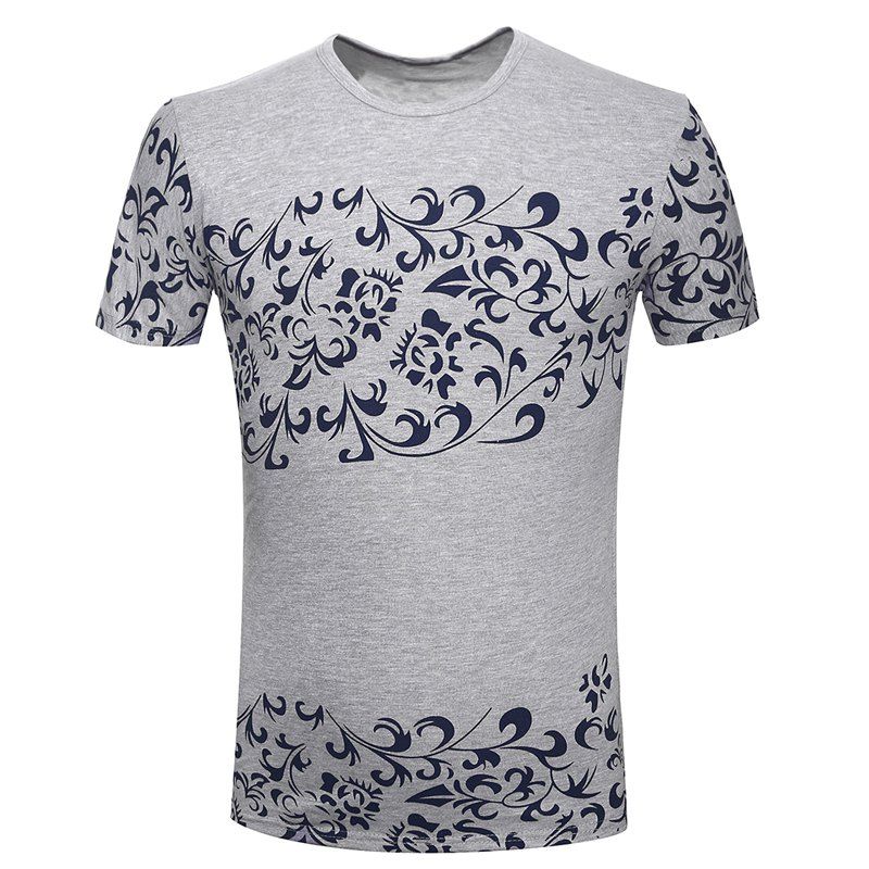 

New Summer Fashion Blue and White Porcelain Printed Men's Short Sleeve T-Shir, Gray