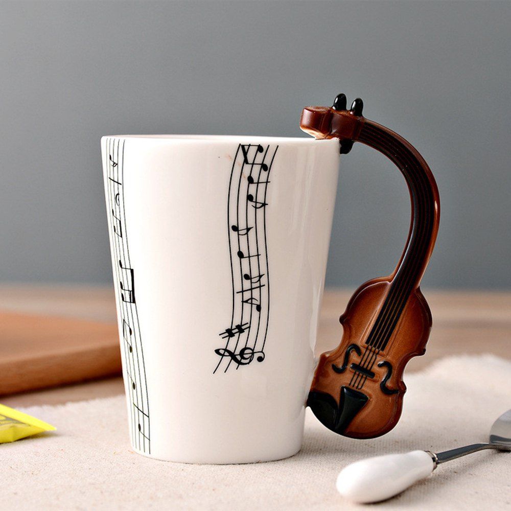 

Creative Music Violin Style Guitar Ceramic Mug Coffee Tea Milk Stave Cups, White