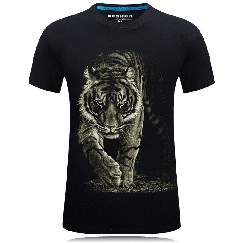 

Summer Tide Loose 3D Printing Night Tigers Short Sleeve T-Shirts, Black
