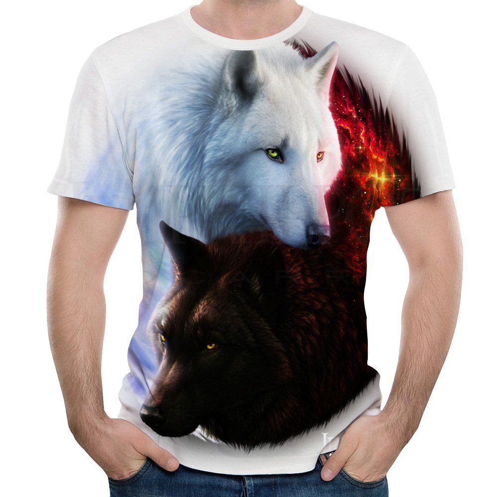 

2018 New Men's 3D Printing Black and White Wolf Short-Sleeved T-shirt, Cool white