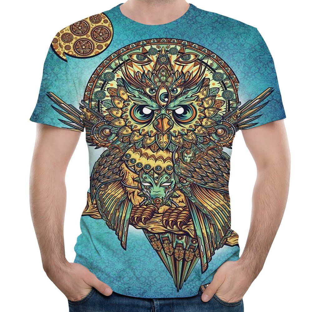 

2018 New European and American Fashion 3D Owl Print Men's Short Sleeve T-shirt, Macaw blue green