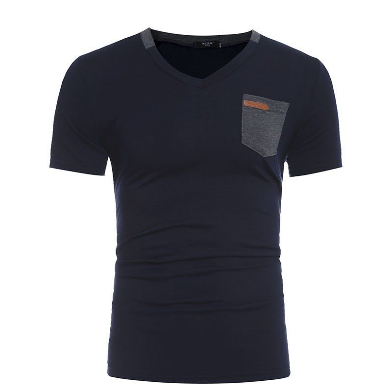 

Men's New Fashion Pocket Leather Design Casual Short-Sleeved T-Shirt, Navy blue