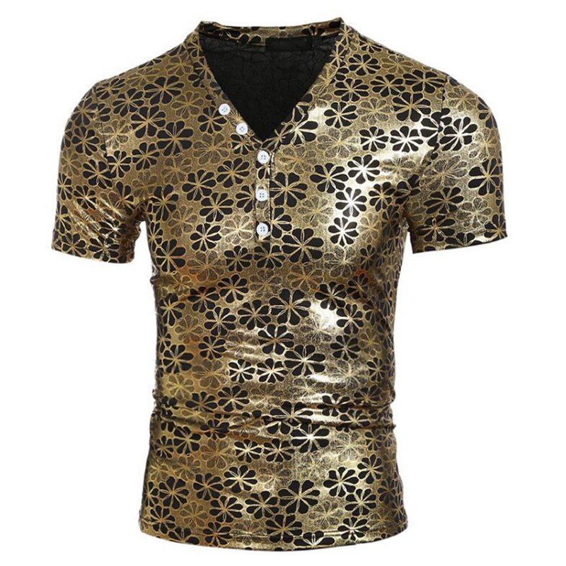 

Men Pattern Hot Stamping V-Neck Casual Short Sleeve T-shirt, Gold