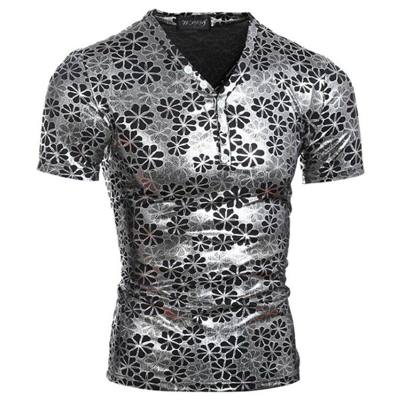 

Men Pattern Hot Stamping V-Neck Casual Short Sleeve T-shirt, Silver