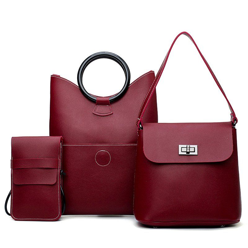 

Contracted Three-Piece Lash Fashion Handbag Shoulder Phone Bag, Red wine