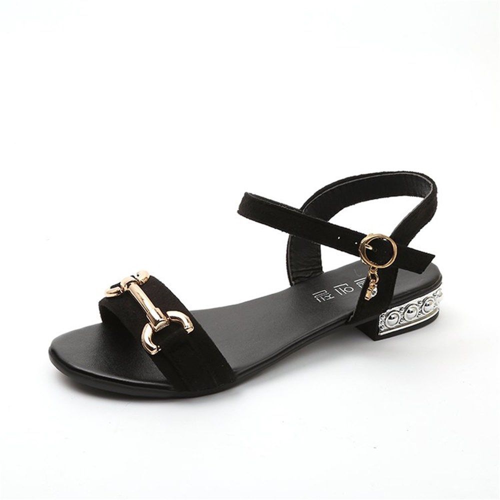 

Metal Decorative Buckle Low Heel Sandals, Black