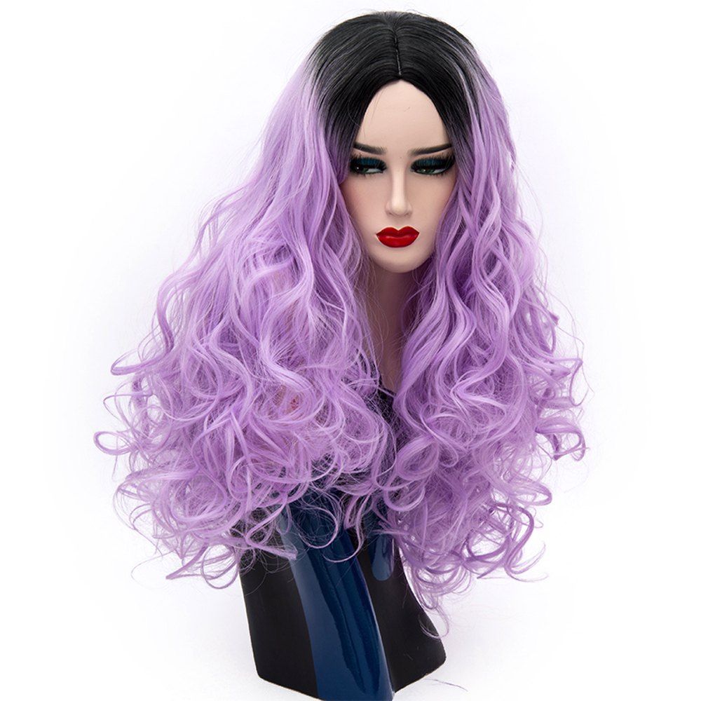 purple and black curly wig