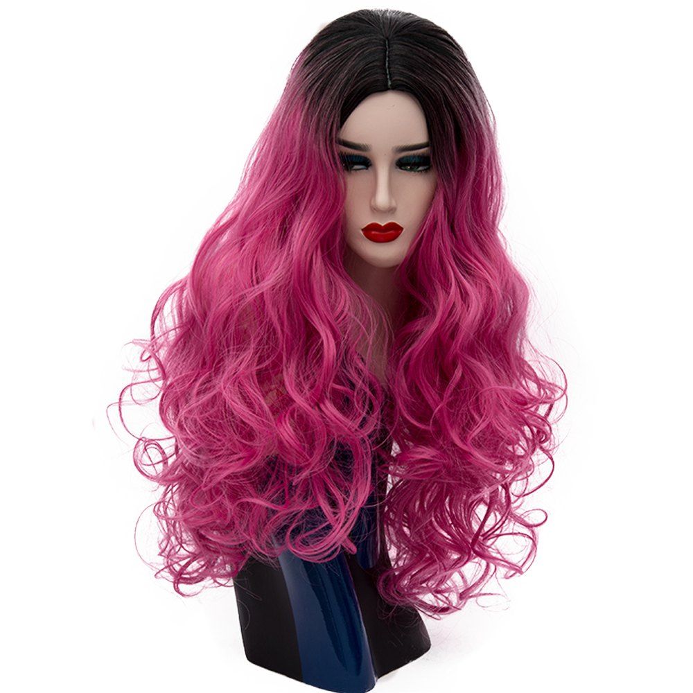 

Long Curly Dark Roots Red Wig for Women Cosplay Party Heat Resistant 29 inch, Rose red