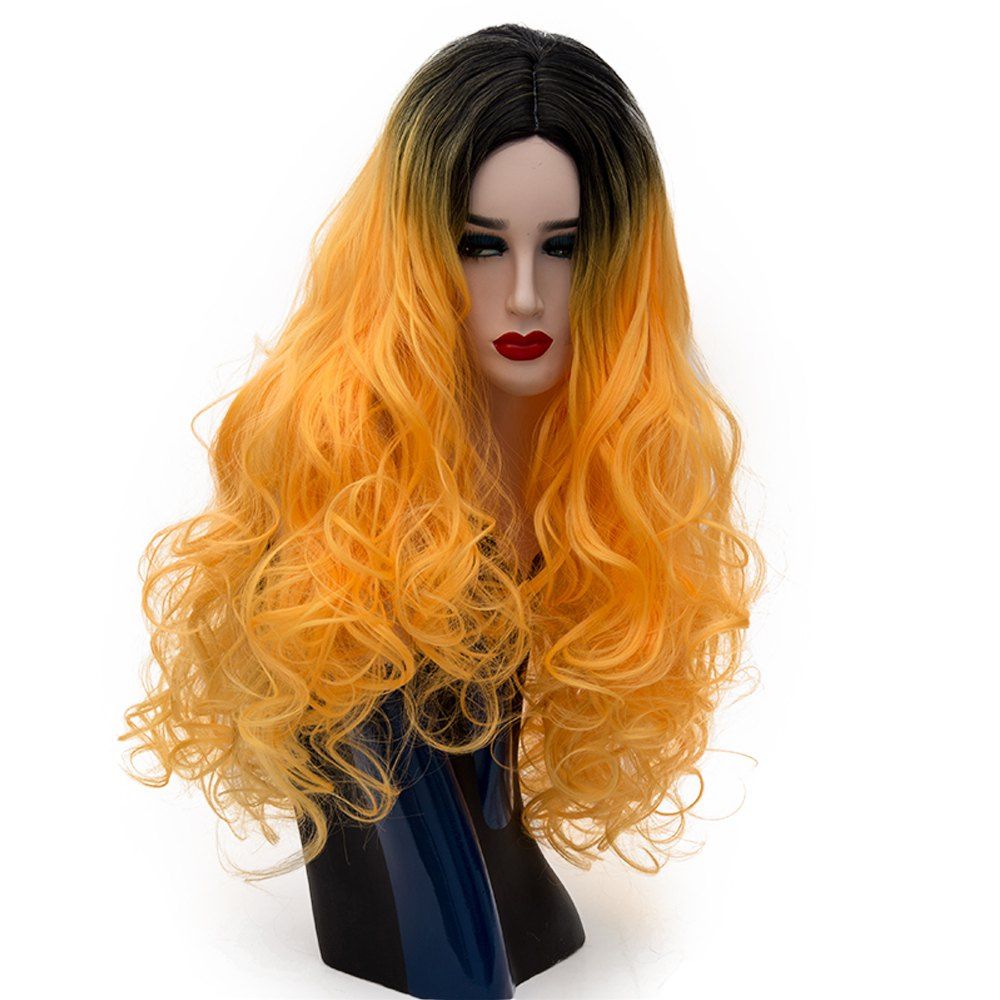 

Long Curly Dark Roots Orange Wig for Women Cosplay Party Heat Resistant 29 inch, Saffron
