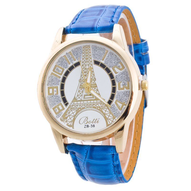 

Tower Pattern PU Leather Band Women Watch with Rhinestone, Royal blue