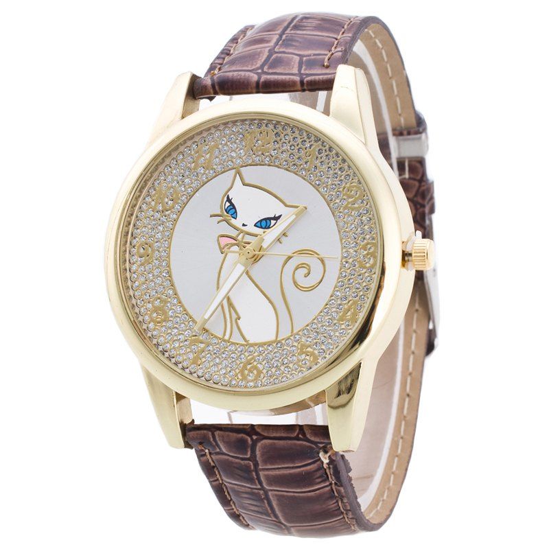 

Cat Pattern PU Leather Band Women Watch, Coffee