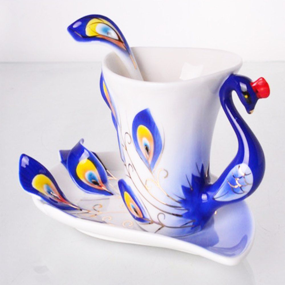 

Hand Crafted Ceramic Porcelain Enamel Graceful Peacock Coffee Cup, Blue