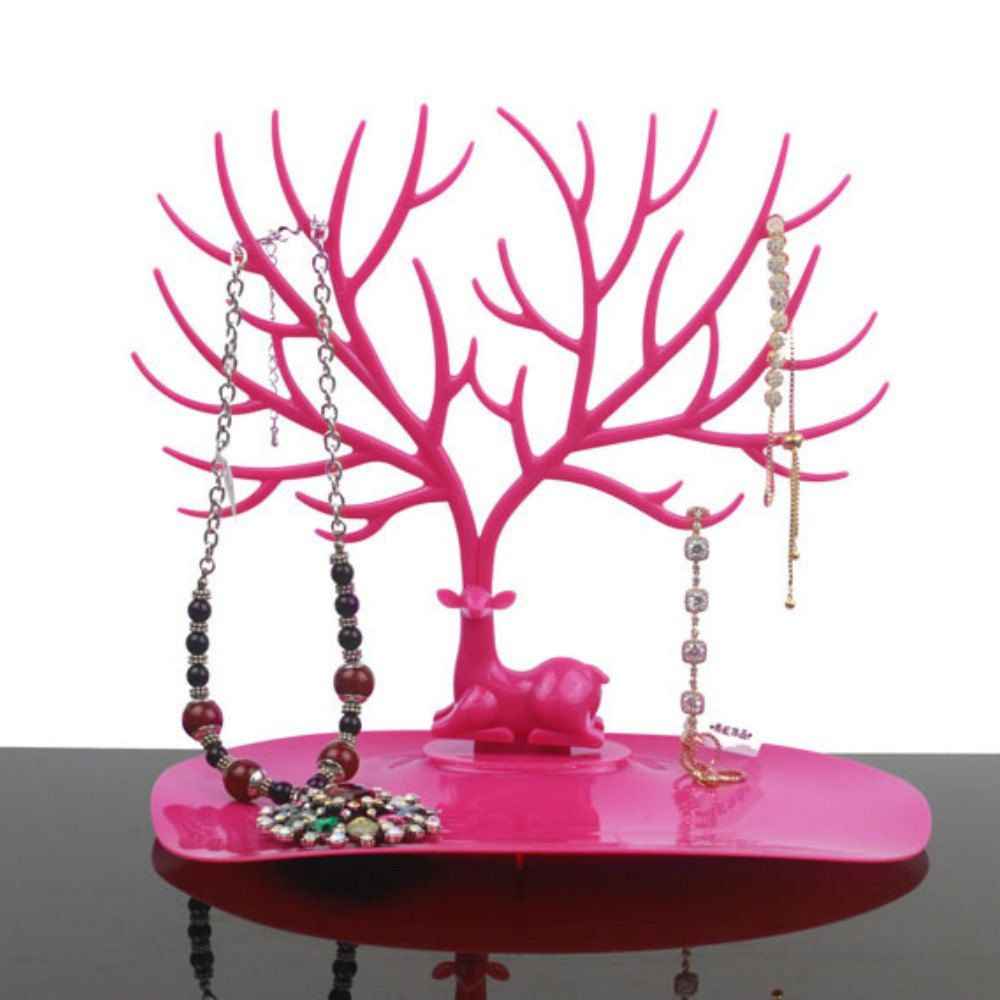 

Fashion Jewelry Necklace Earrings Rings Deer Stand Display, Deep pink