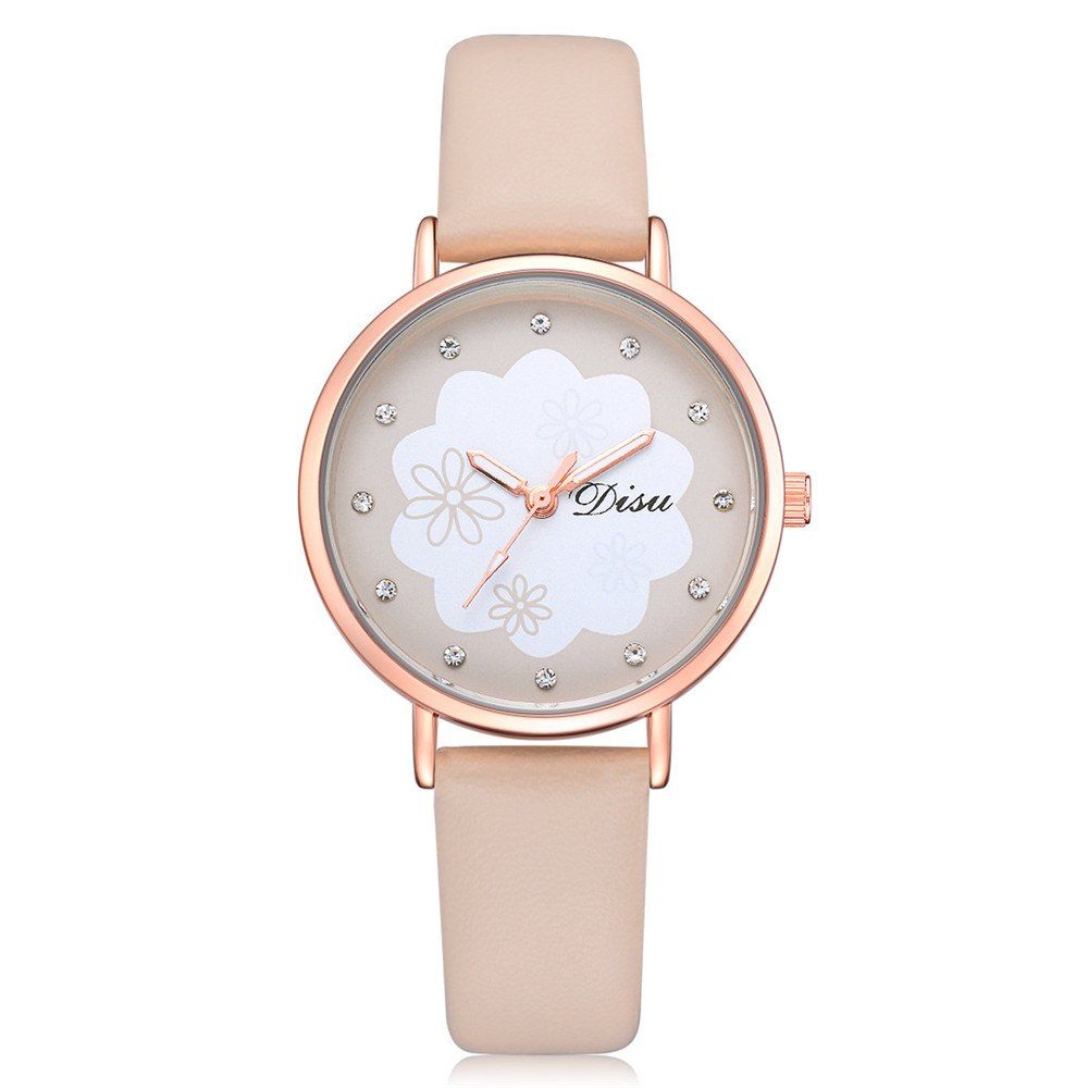 

Disu Ladies Fashion Trendy Flowers with Rhinestone PU Fashionable Watch, Beige