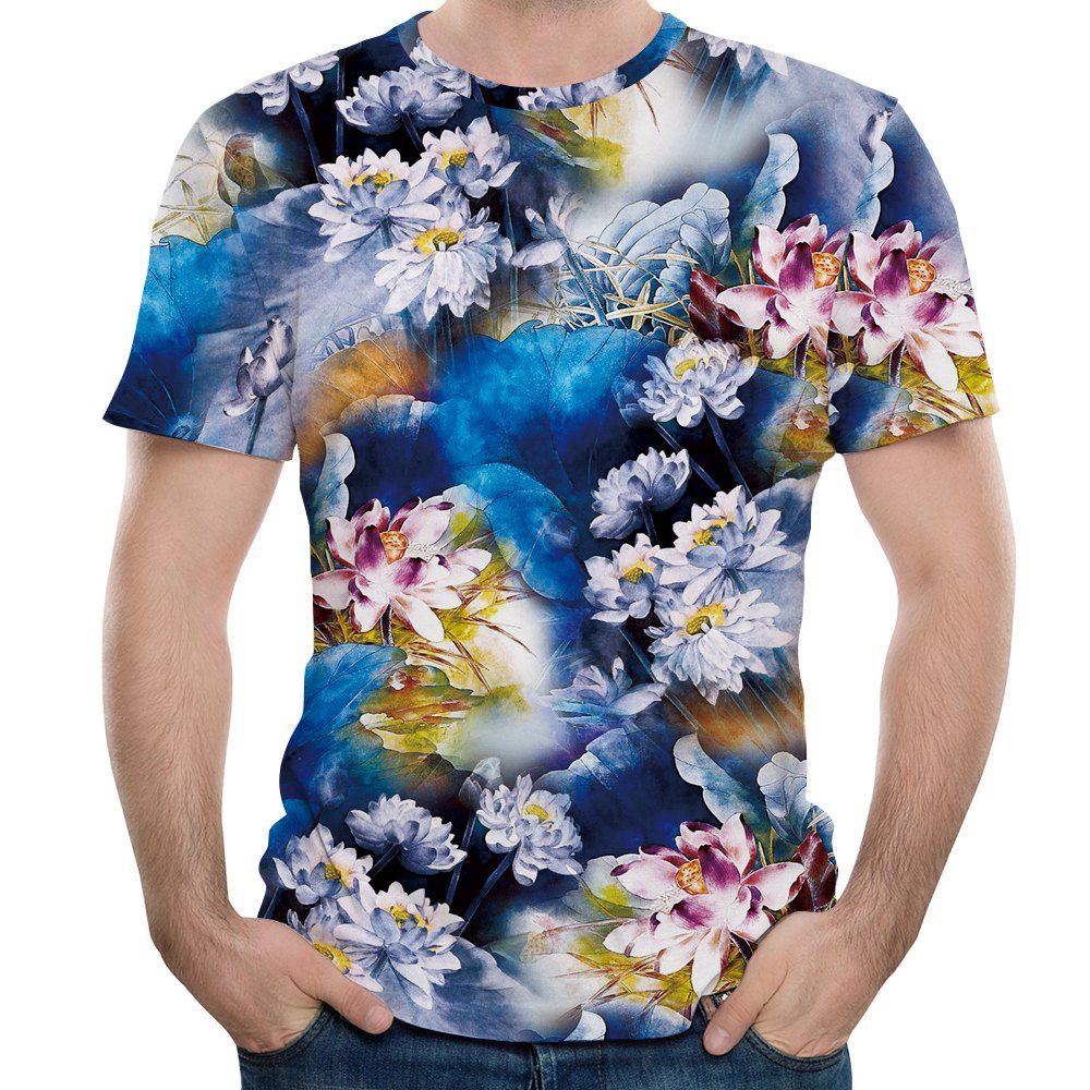 

2018 Summer Men's Casual 3D White Lotus Print Short-Sleeved T-shirt, Multi