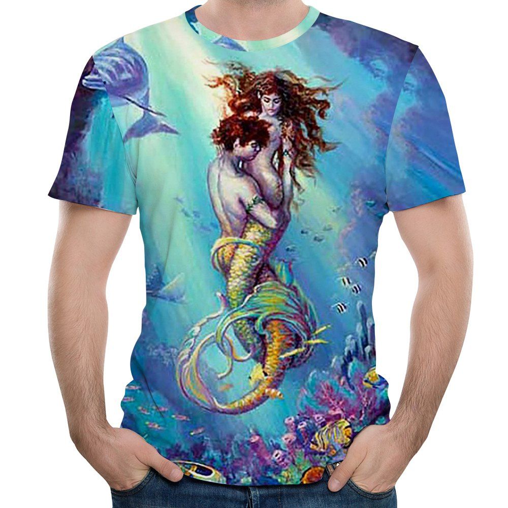 

2018 Summer Men's 3D Digital Print Fashion Round Neck Short Sleeve T-shirt, Day sky blue