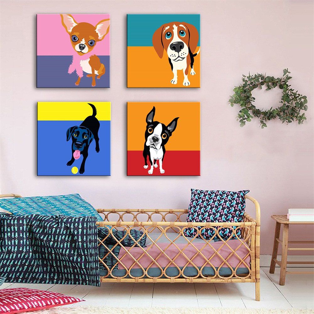 

Special Design Frameless Paintings Pet Dog Print 4PCS, Multi