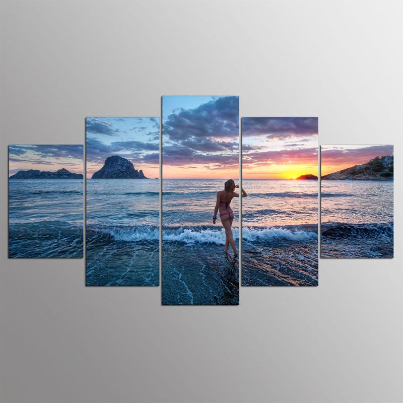 

YSDAFEN 5pcs Panel HD modern Beautiful Woman Sunset Art Print Canvas Art, Sky blue