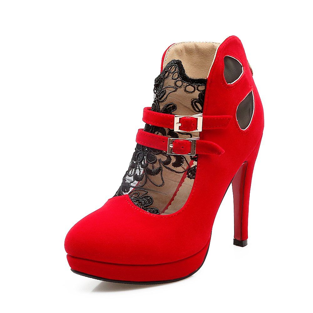 Black Lace Sanding and Breathable High Heeled Shoes, Red