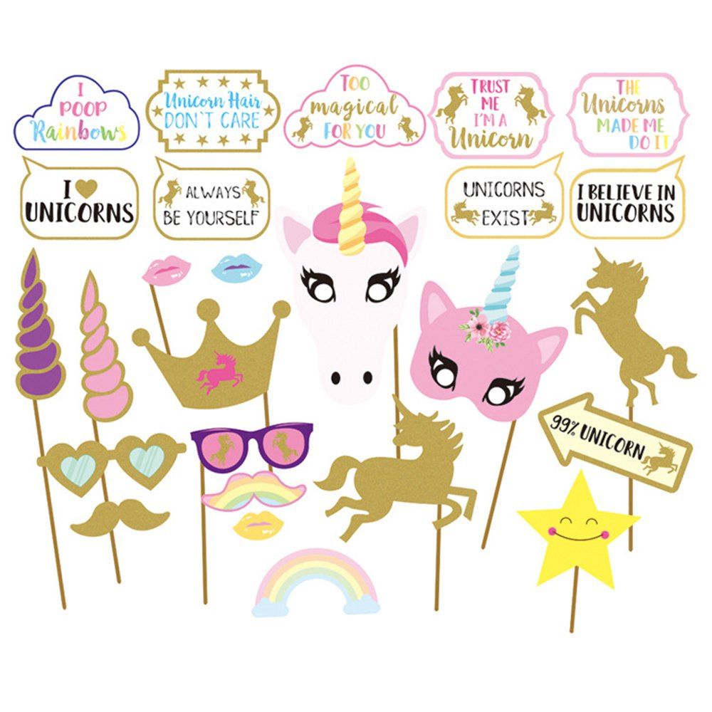 

26PCS Birthday Party Rainbow Unicorn Photo Props, Multi-a