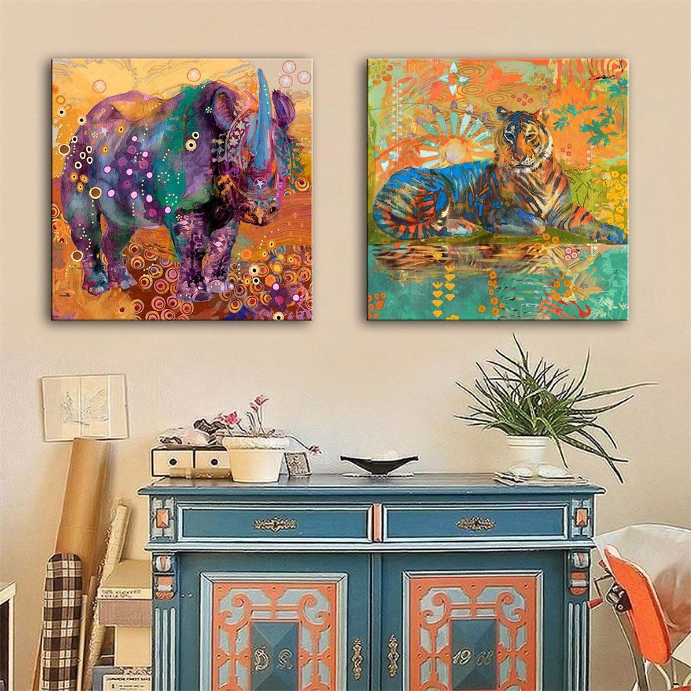

Special Design Frameless Paintings Tigers and Rhinoceros Print 2PCS, Multi