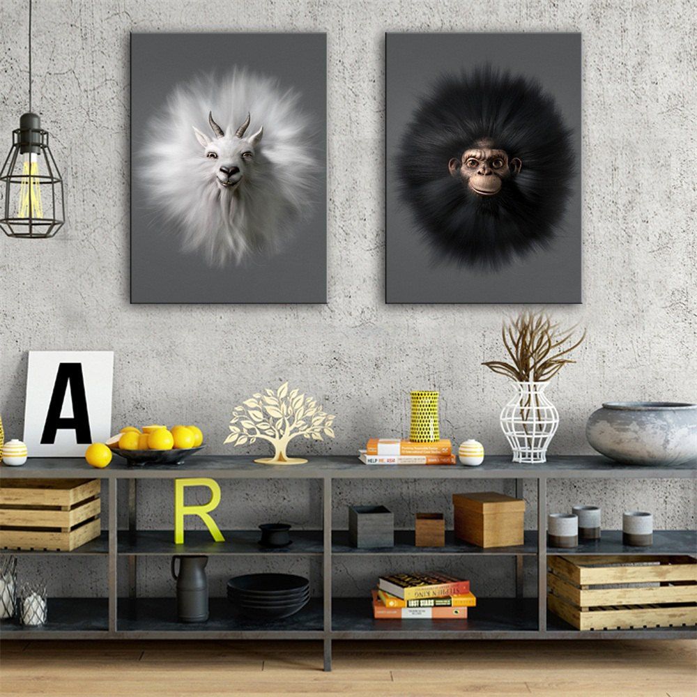 

Special Design Frameless Paintings Monkey and Sheep Print 2PCS, Multi