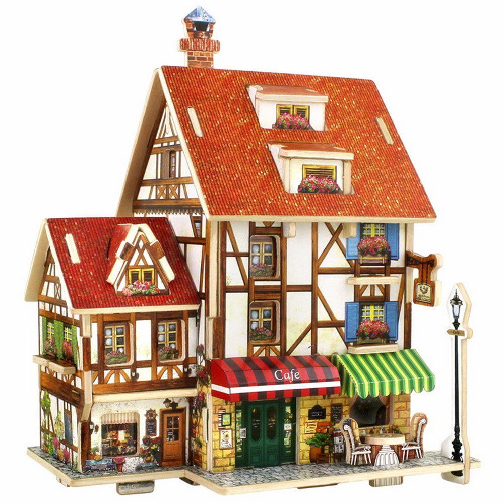 

Creative 3D Wood Puzzle DIY Model French Style Coffee House Building Puzzle Toy, Multi