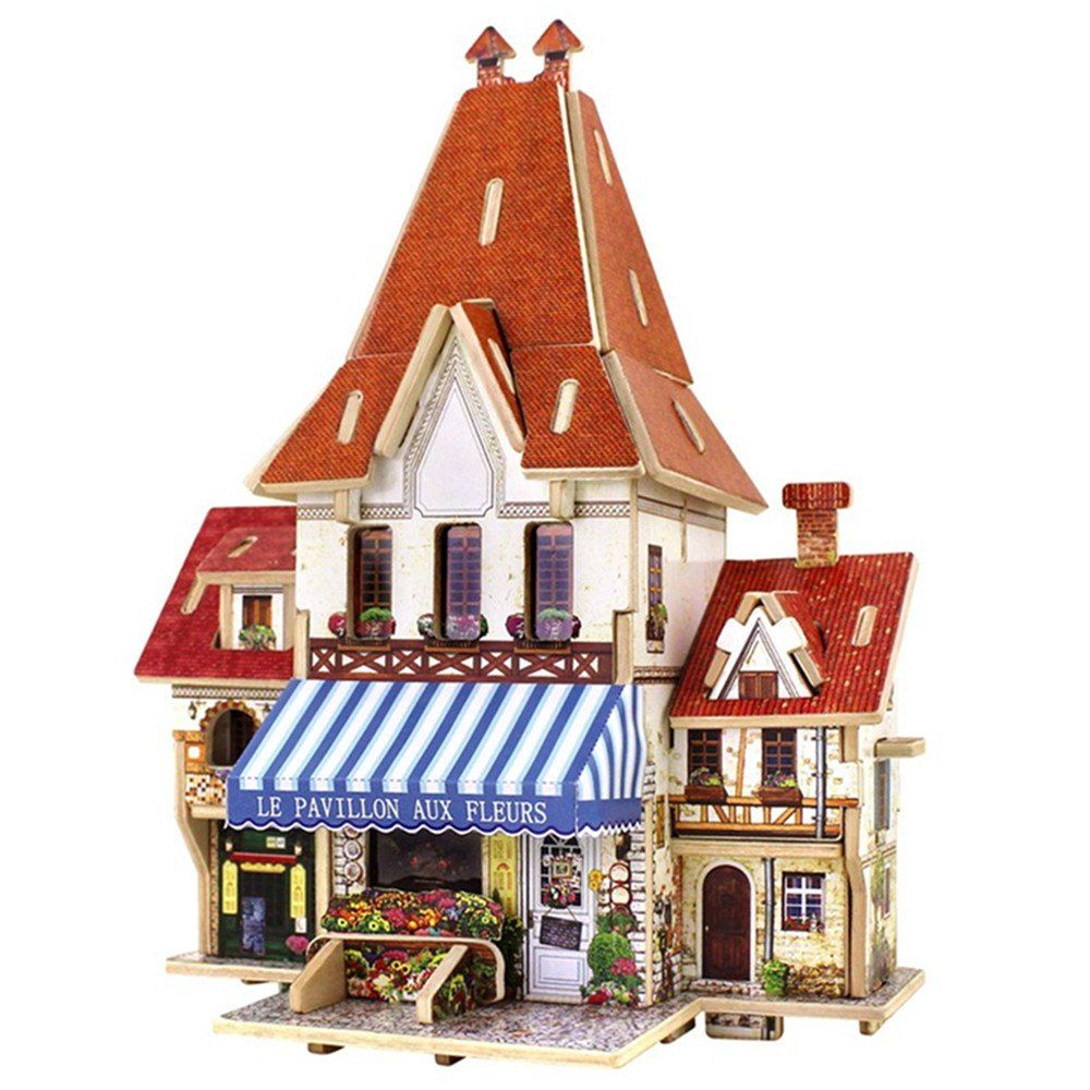 

Creative 3D Wood Puzzle DIY Model French Style Flower Shop Building Puzzle Toy, Multi