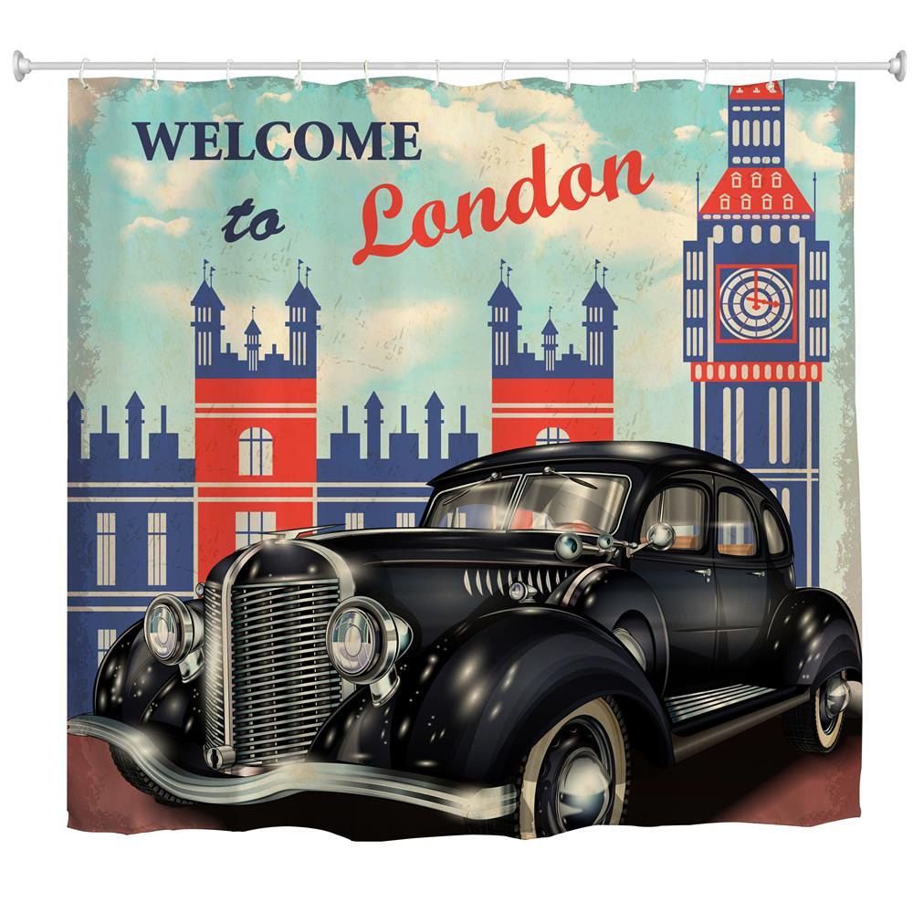 

Retro Cars Water-Proof Polyester 3D Printing Bathroom Shower Curtain, Multi-a