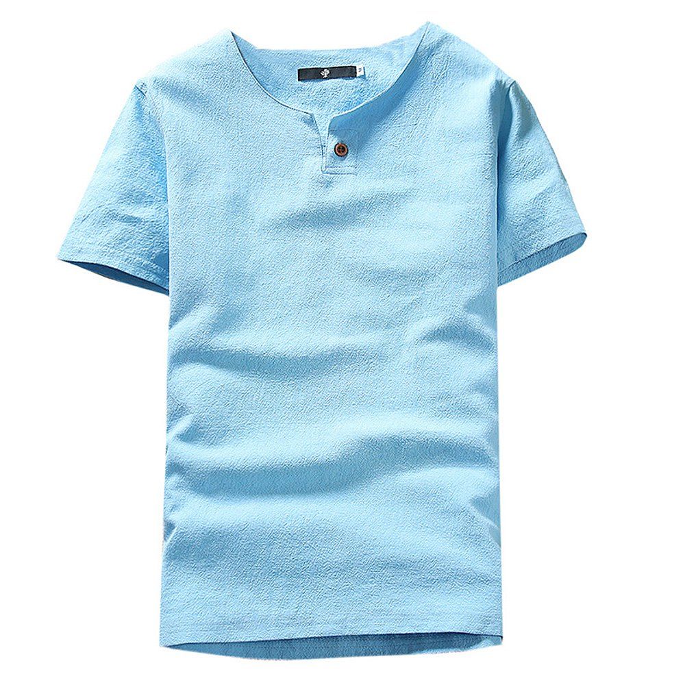 

2018 Summer New Casual Linen Fashion Short-sleeved T-shirt, Sky blue