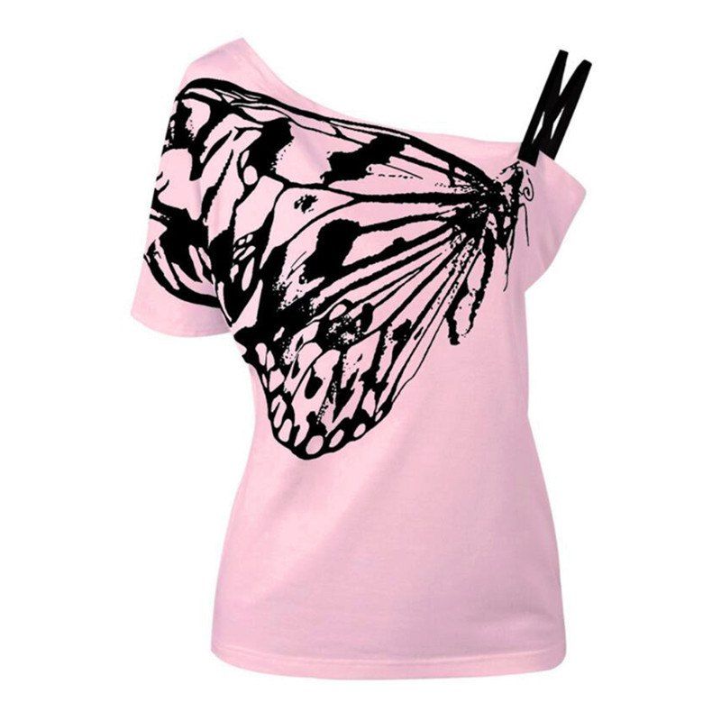 

Women Skew Collar Butterfly Print Tshirt, Pink
