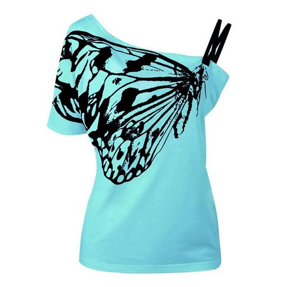 Femmes T-shirt imprimé papillon à col incliné - Céleste L