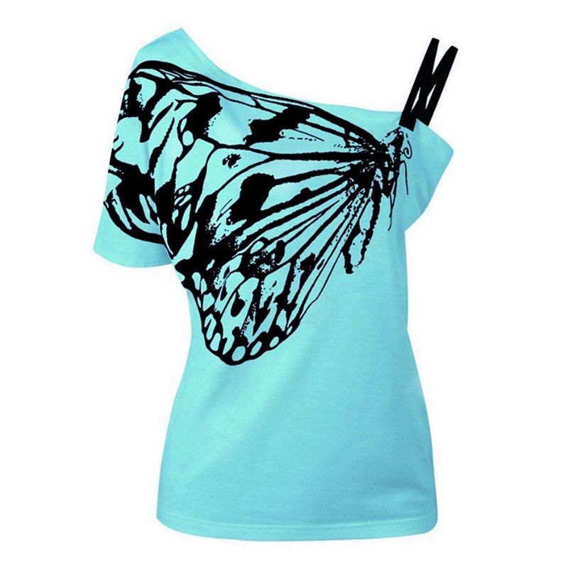 

Women Skew Collar Butterfly Print Tshirt, Celeste