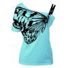 Femmes T-shirt imprimé papillon à col incliné - Céleste XL