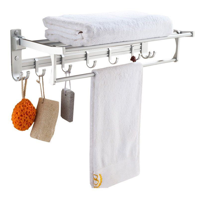 

Bathroom Space Aluminum Double Hook Folding Towel Rack, Platinum