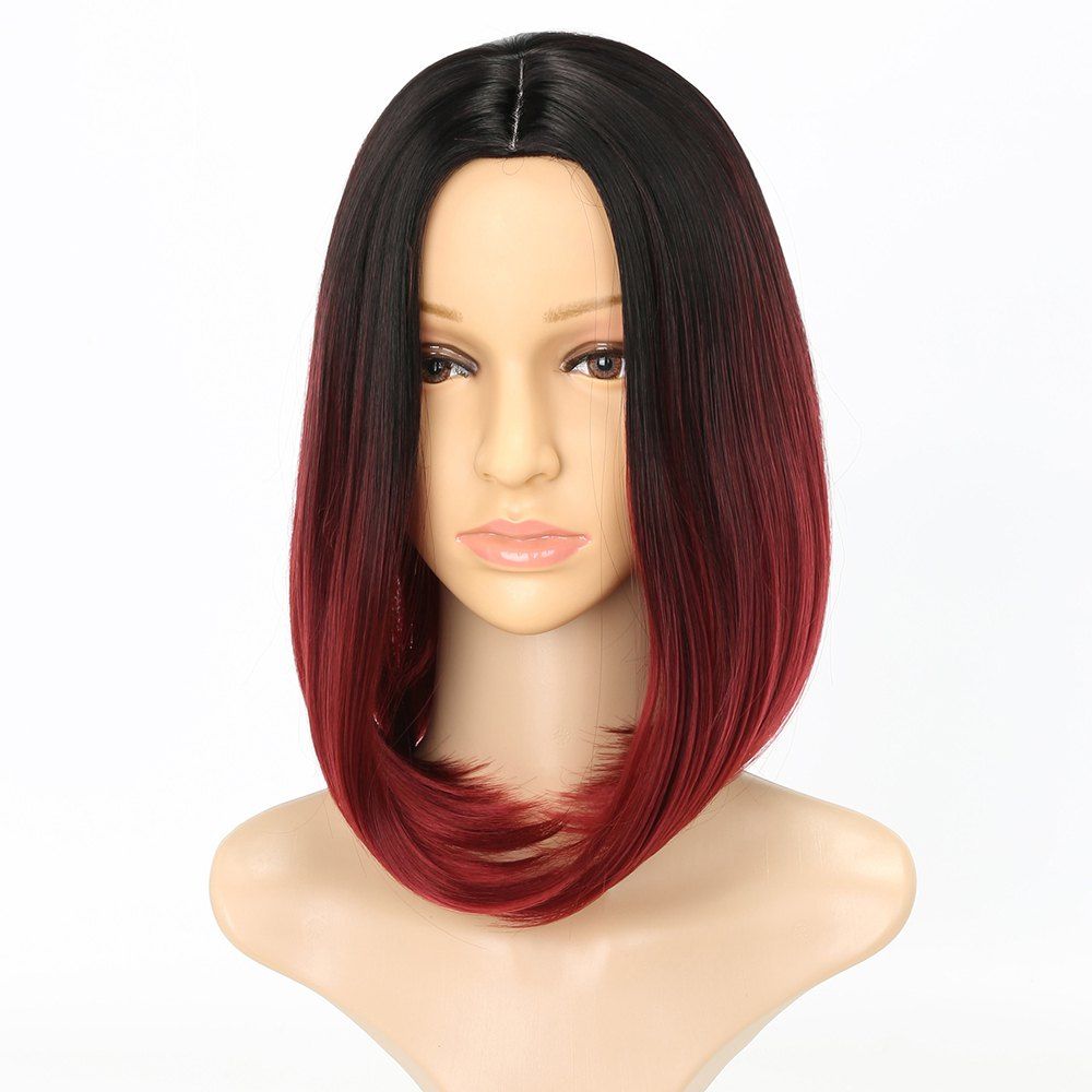 

Fashion Natural Straight Bob Cut Ombre Color Synthetic Short Hair Wigs with Skin, Red wine