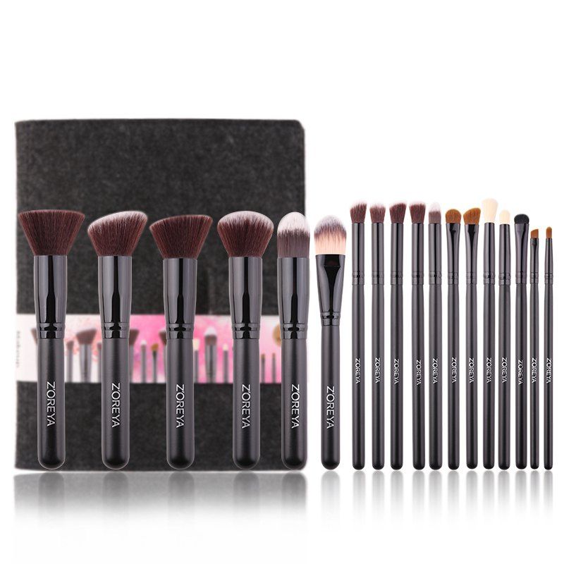 

18 Artificial Fiber Makeup Suit Black Wooden Handle Beauty Tool