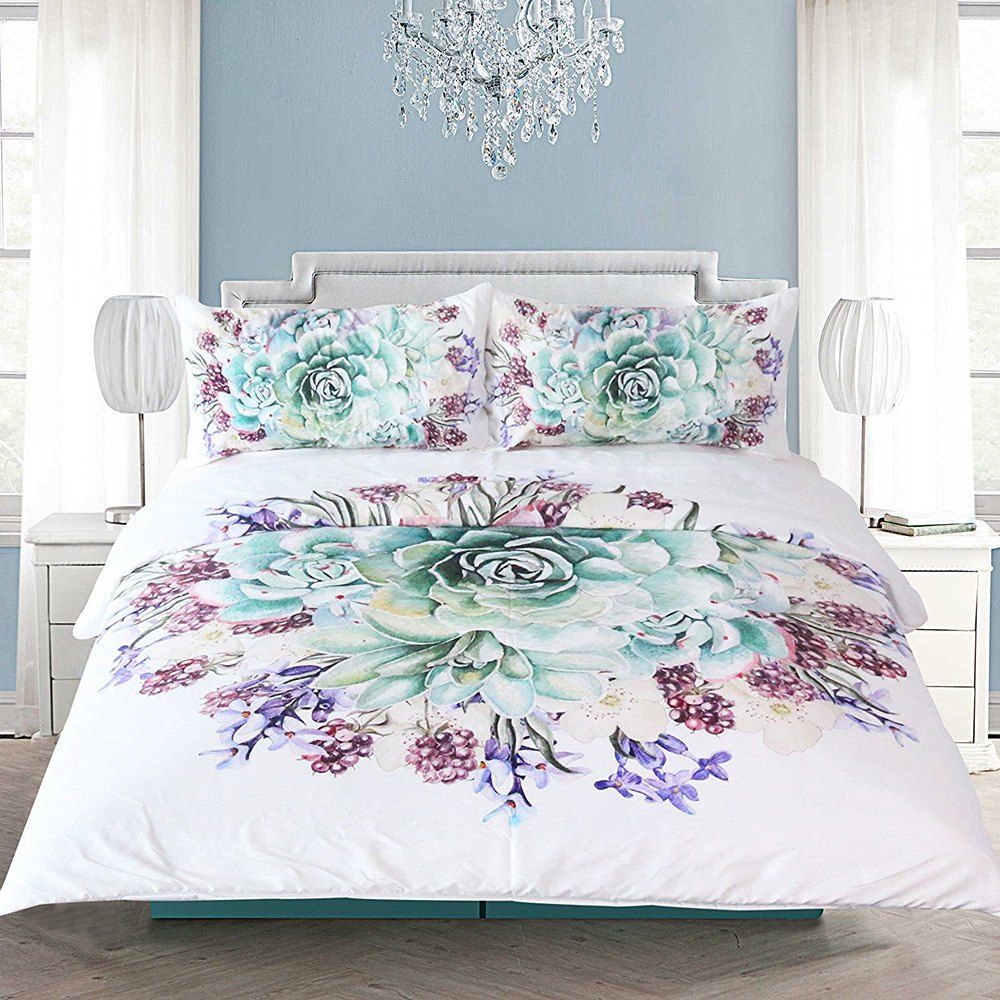 

Green Succulents Bedding Duvet Cover Set Digital Print 3pcs, Multi