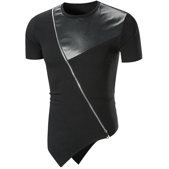 2018 nouveaux hommes en cuir tendance couture mode oblique ourlet couleur unie T-shirt - Noir XL