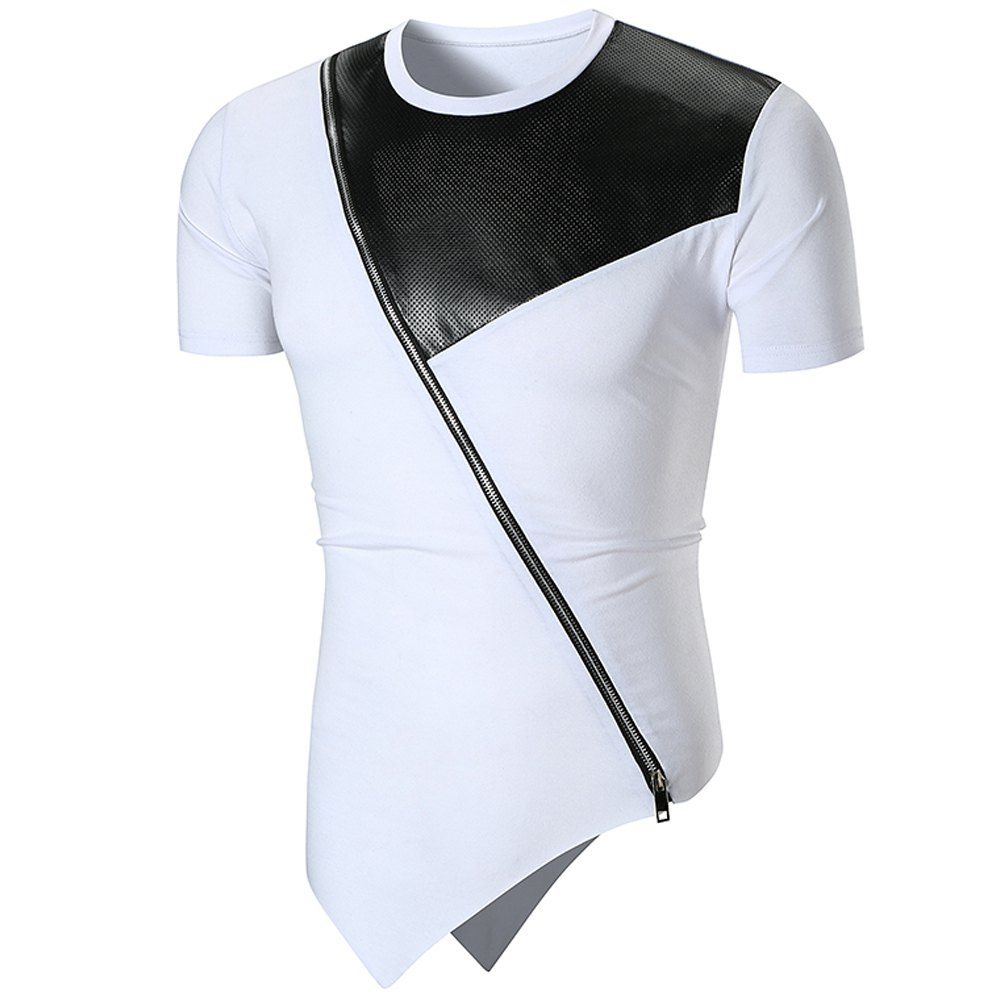

2018 New Men's Leather Trend Stitching Fashion Oblique Hem Solid Color T-shirt, White
