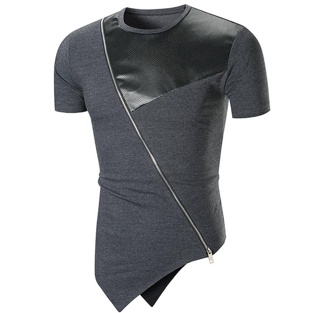 

2018 New Men's Leather Trend Stitching Fashion Oblique Hem Solid Color T-shirt, Dark gray