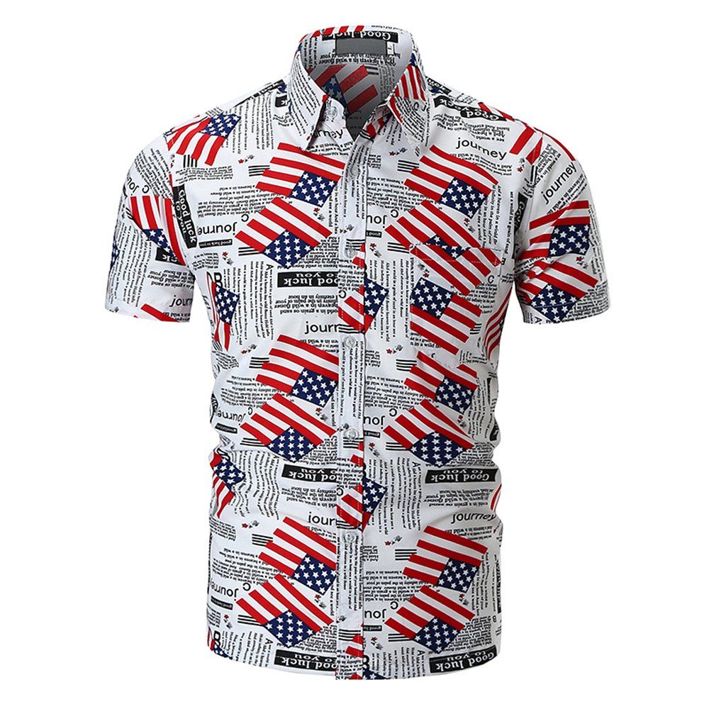 

2018 New Men's Flag Print Shirt Fashion Casual Short Sleeve Shirt, White
