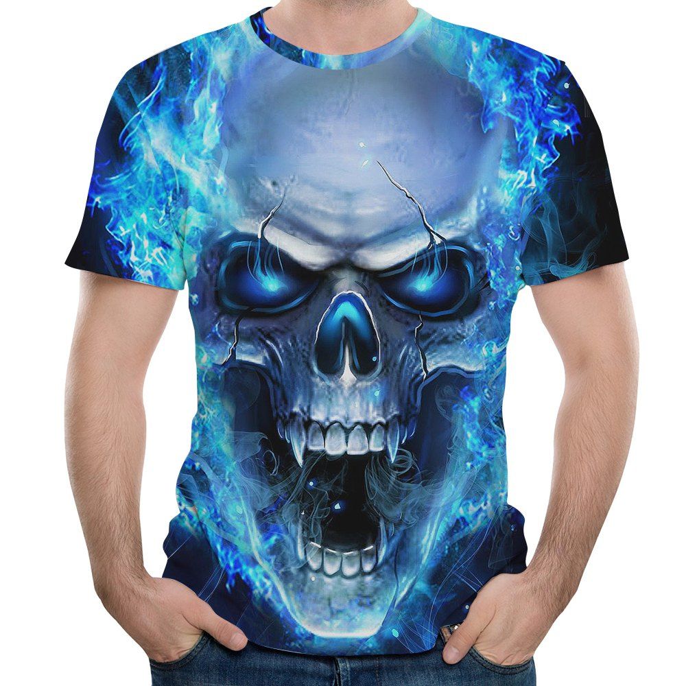 

3D Casual Fashion Bald Skull Print Men's Short Sleeve T-shirt, Crystal blue