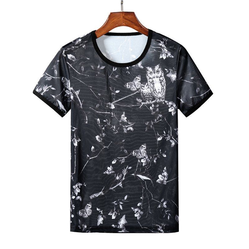 

Men Owl Print Short T-shirt, Black