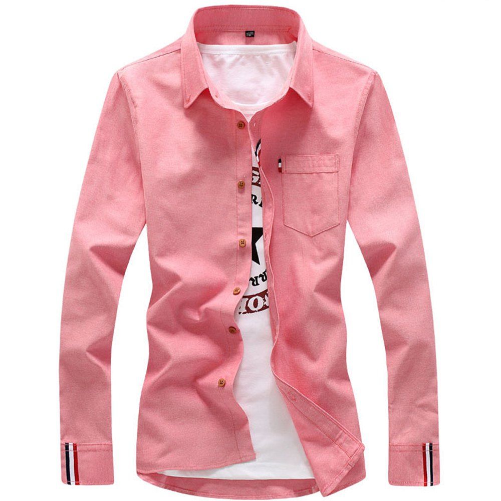 

2018 Men's Solid Color Shirt Fashion Stripe Casual Long Sleeve Shirt, Pink