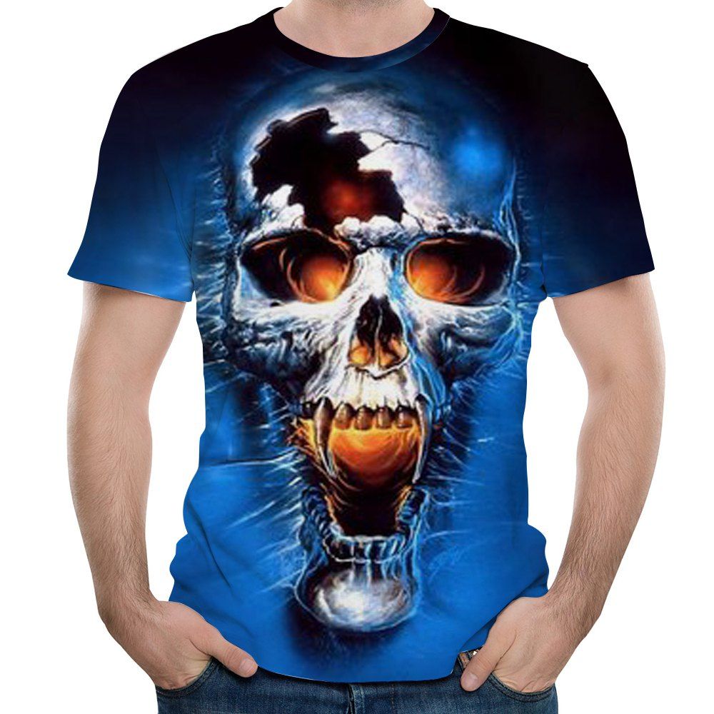 

Summer New Fashion 3D Skull Print Men's Short Sleeve T-shirt, Sapphire blue