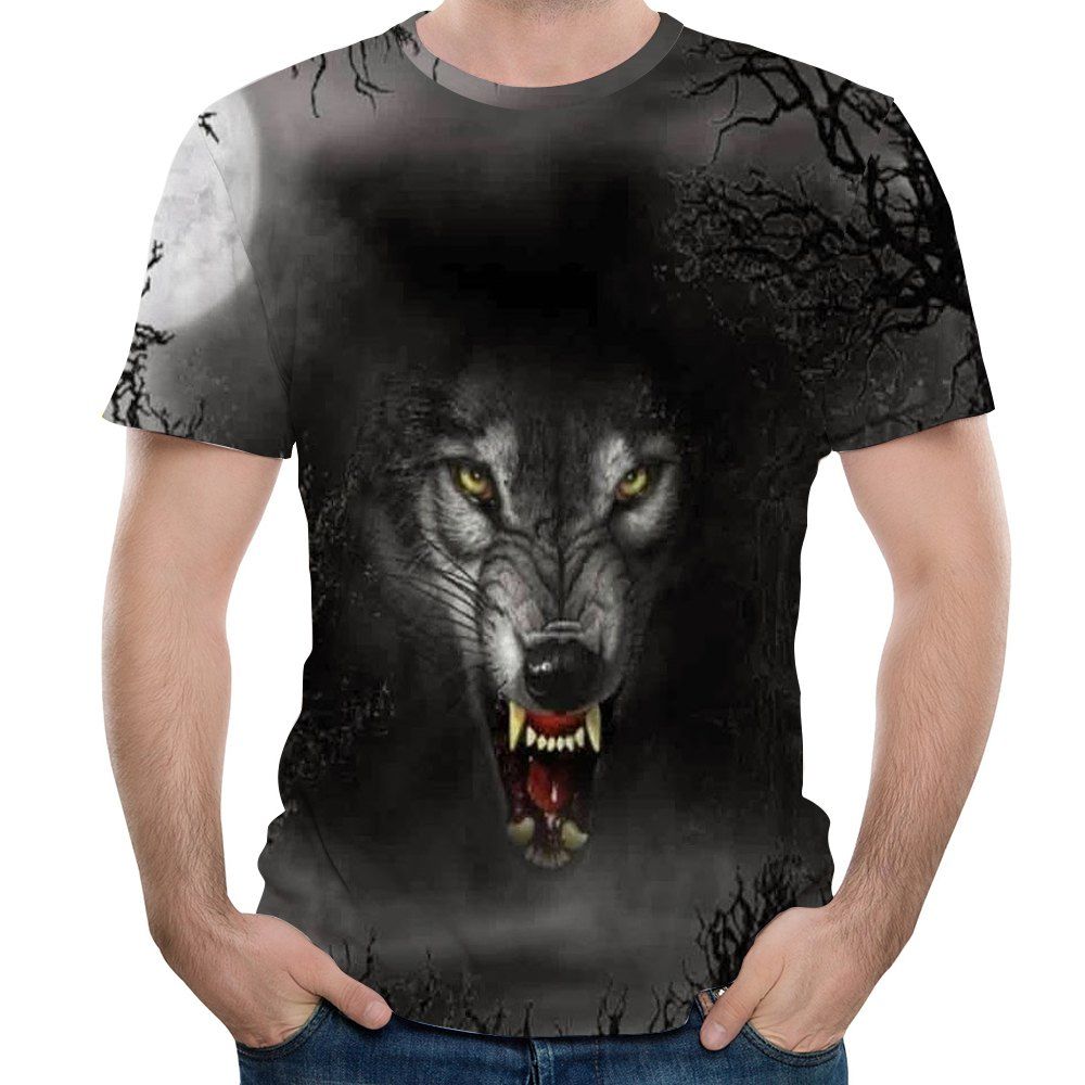 

3D Evil Wolf Print Summer Casual Fashion Men's Short-Sleeved T-shirt, Gray wolf