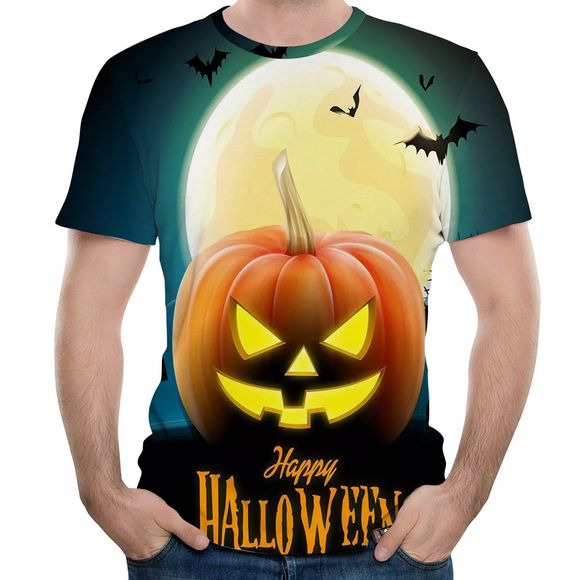 T-shirt à manches courtes à manches courtes col rond imprimé Casual Fashion 3D Halloween citrouille hommes - multicolor C XL