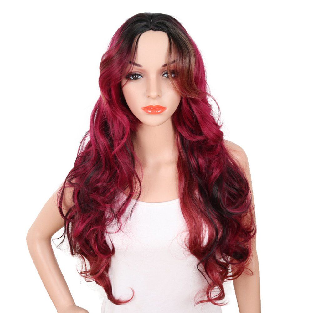 

Red Super Long Body Wave Synthetic Hair Wigs Natural Hairline with Bang, Red wine