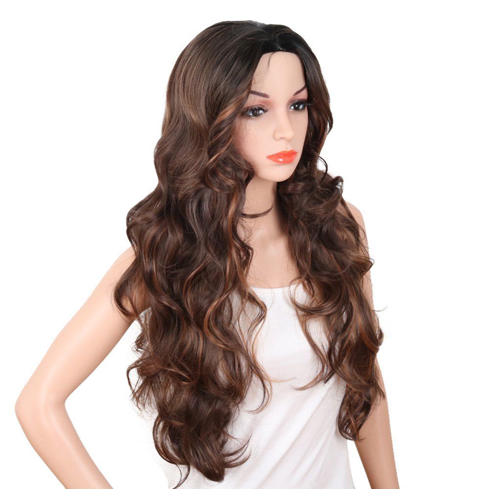 

Red Super Long Body Wave Synthetic Hair Wigs Natural Hairline with Bang, Brown